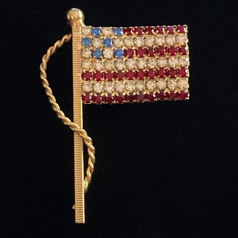 Vintage American Flag Rhinestone Brooch